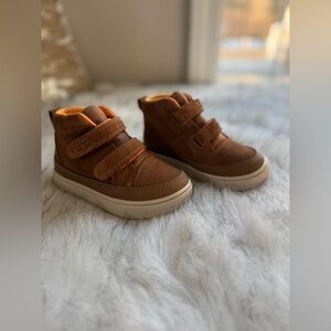 UGG Kids Brown Suede Velcro High-Top Sneakers with Orange Lining